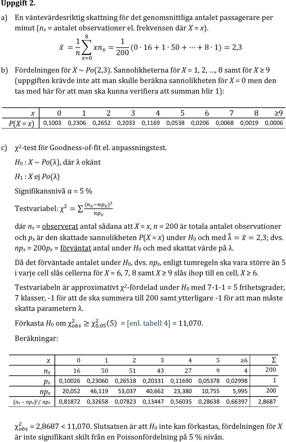 5 6 7 8 9 P(X = x) 0,1003 0,2306 0,2652 0,2033 0,1169 0,0538 0,0206 0,0068 0,0019 0,0006 c) χ 2 -test för Goodness-of-fit el. anpassningstest.