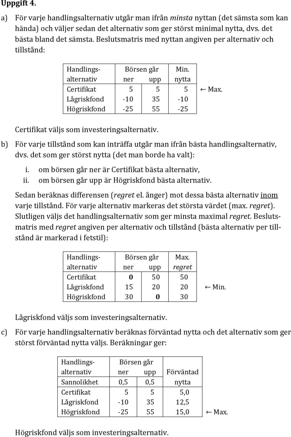 Lågriskfond -10 35-10 Högriskfond -25 55-25 Certifikat väljs som investeringsalternativ. b) För varje tillstånd som kan inträffa utgår man ifrån bästa handlingsalternativ, dvs.