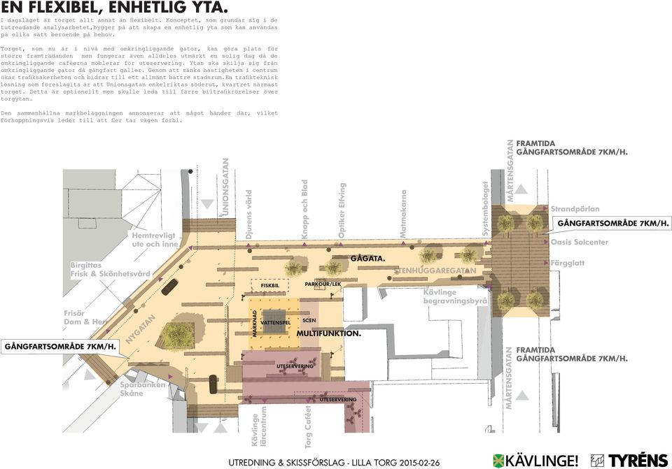 Torget, som nu är i nivå med omkringliggande gator, kan göra plats för större framträdanden men fungerar även alldeles utmärkt en solig dag då de omkringliggande caféerna möblerar för uteservering.