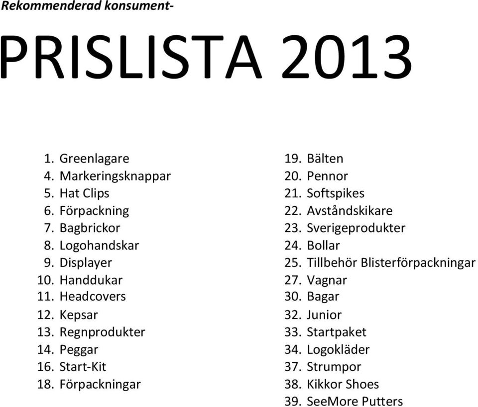 Displayer 25. Tillbehör Blisterförpackningar 10. Handdukar 27. Vagnar 11. Headcovers 30. Bagar 12. Kepsar 32. Junior 13.