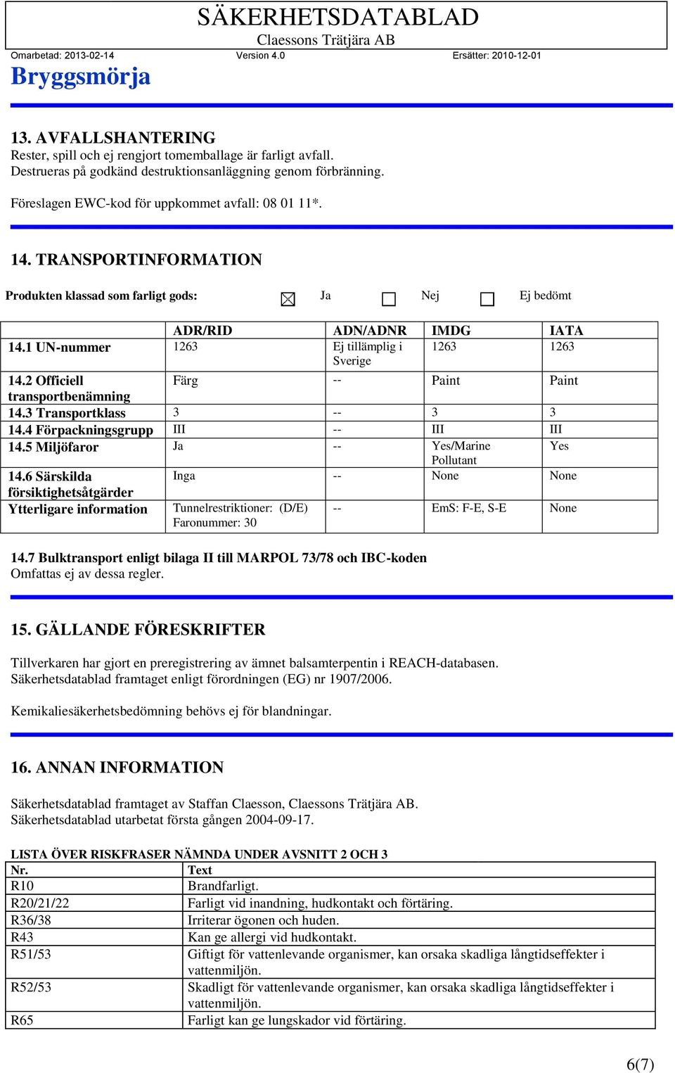 2 Officiell Färg -- Paint Paint transportbenämning 14.3 Transportklass 3 -- 3 3 14.4 Förpackningsgrupp III -- III III 14.5 Miljöfaror Ja -- Yes/Marine Yes Pollutant 14.