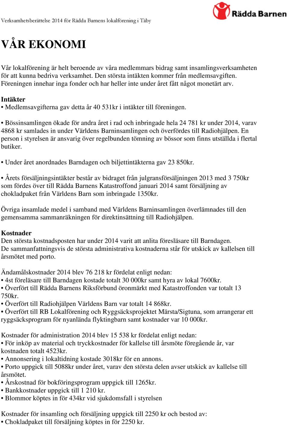 Bössinsamlingen ökade för andra året i rad och inbringade hela 24 781 kr under 2014, varav 4868 kr samlades in under Världens Barninsamlingen och överfördes till Radiohjälpen.