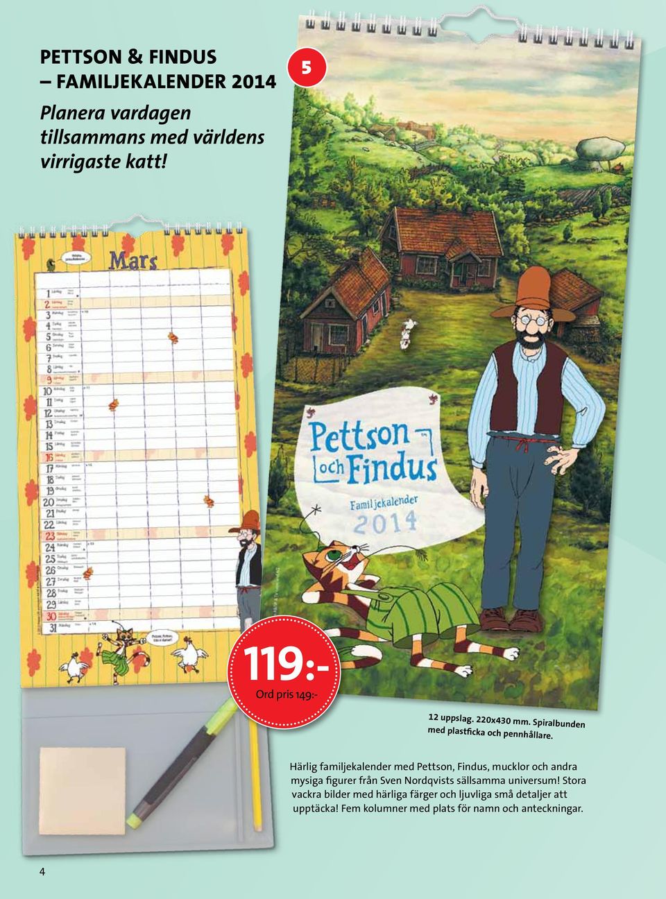 Härlig familjekalender med Pettson, Findus, mucklor och andra mysiga figurer från Sven Nordqvists sällsamma