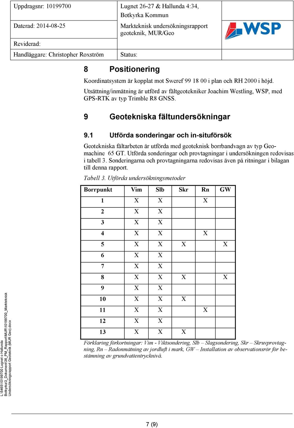 Utförda sonderingar och provtagningar i undersökningen redovisas i tabell 3. Sonderingarna och provtagningarna redovisas även på ritningar i bilagan till denna rapport. Tabell 3.