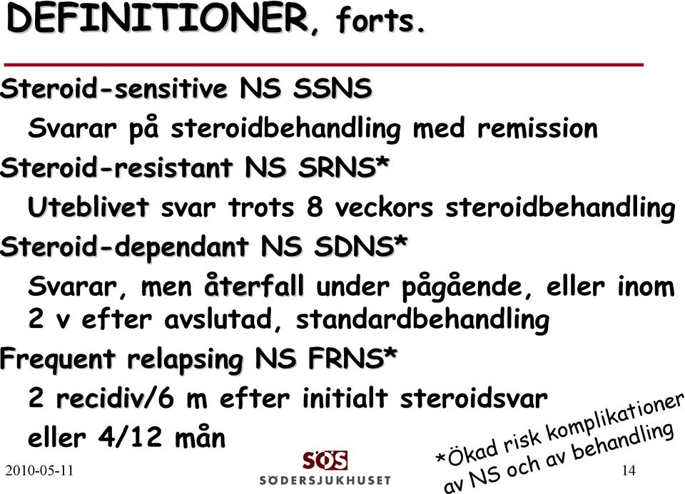 Uteblivet svar trots 8 veckors steroidbehandling Steroid-dependant dependant NS SDNS* Svarar, men återfall