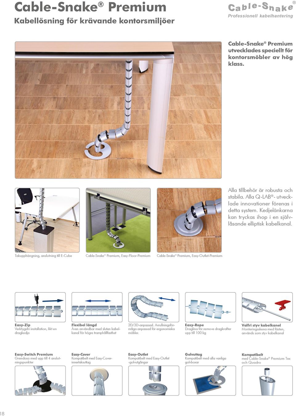 Takupphängning, anslutning till E-Cube Cable-Snake Premium, Easy-Floor-Premium Cable-Snake Premium, Easy-Outlet-Premium Easy-Zip Verktygsfri installation, likt en dragkedja Flexibel längd Även