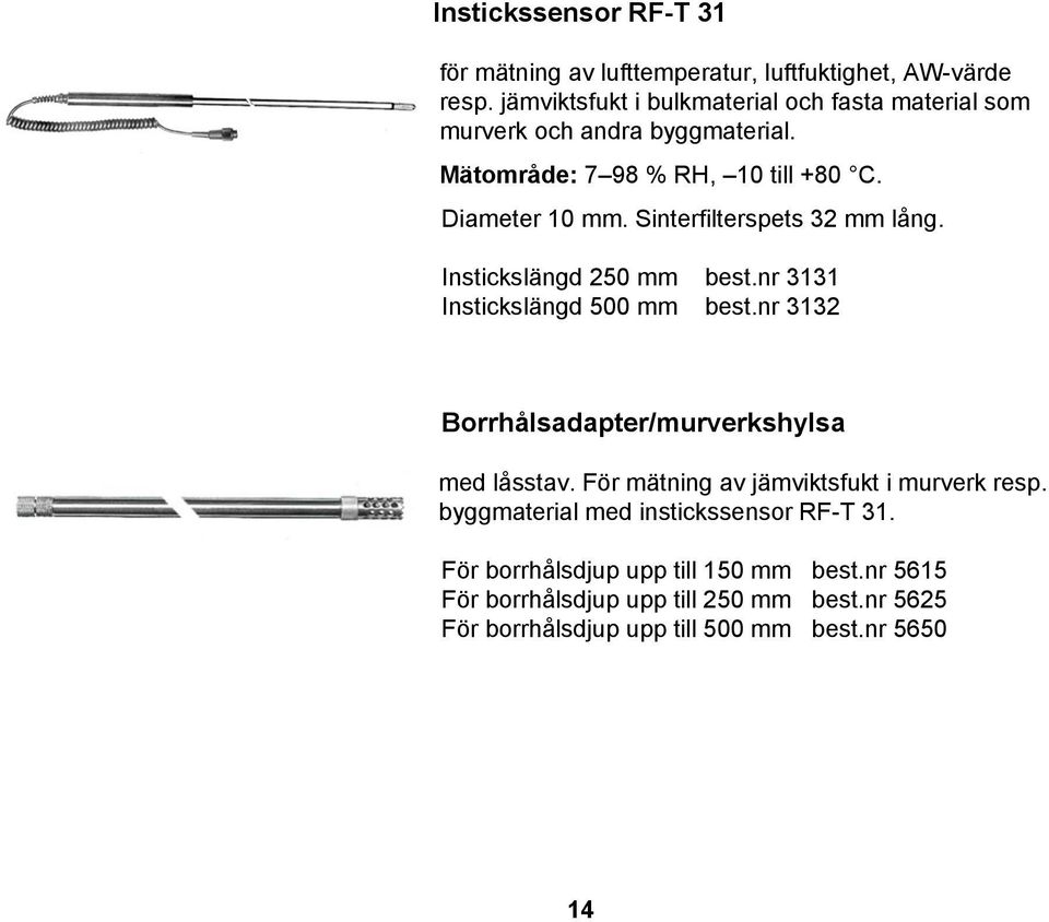 Sinterfilterspets 32 mm lång. Instickslängd 250 mm best.nr 3131 Instickslängd 500 mm best.nr 3132 Borrhålsadapter/murverkshylsa med låsstav.