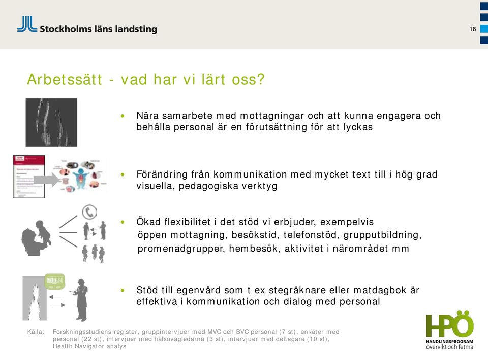 visuella, pedagogiska verktyg Ökad flexibilitet i det stöd vi erbjuder, exempelvis öppen mottagning, besökstid, telefonstöd, grupputbildning, promenadgrupper, hembesök, aktivitet i