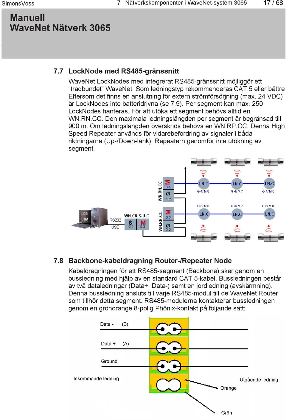 250 LockNodes hanteras. För att utöka ett segment behövs alltid en WN.RN.CC. Den maximala ledningslängden per segment är begränsad till 900 m. Om ledningslängden överskrids behövs en WN.RP.CC. Denna High Speed Repeater används för vidarebefordring av signaler i båda riktningarna (Up-/Down-länk).