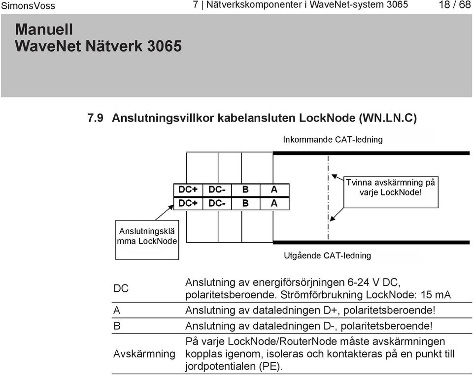 Anslutningsklä mma LockNode Utgående CAT-ledning DC A B Avskärmning Anslutning av energiförsörjningen 6-24 V DC, polaritetsberoende.