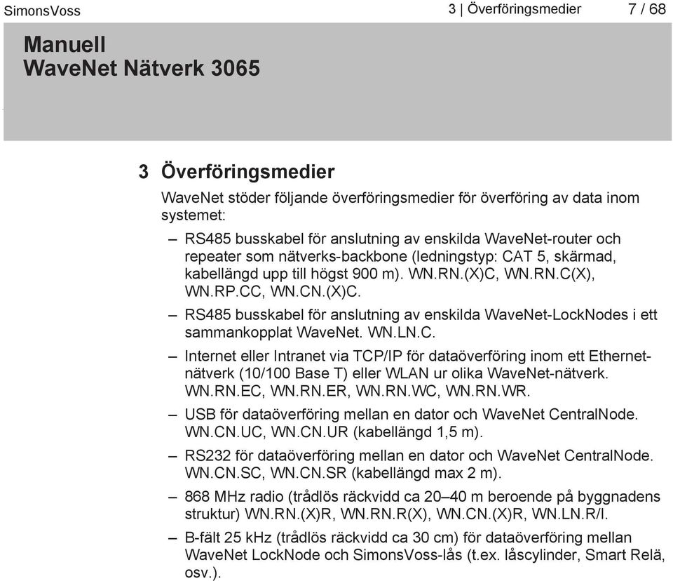 WN.LN.C. Internet eller Intranet via TCP/IP för dataöverföring inom ett Ethernetnätverk (10/100 Base T) eller WLAN ur olika WaveNet-nätverk. WN.RN.EC, WN.RN.ER, WN.RN.WC, WN.RN.WR.