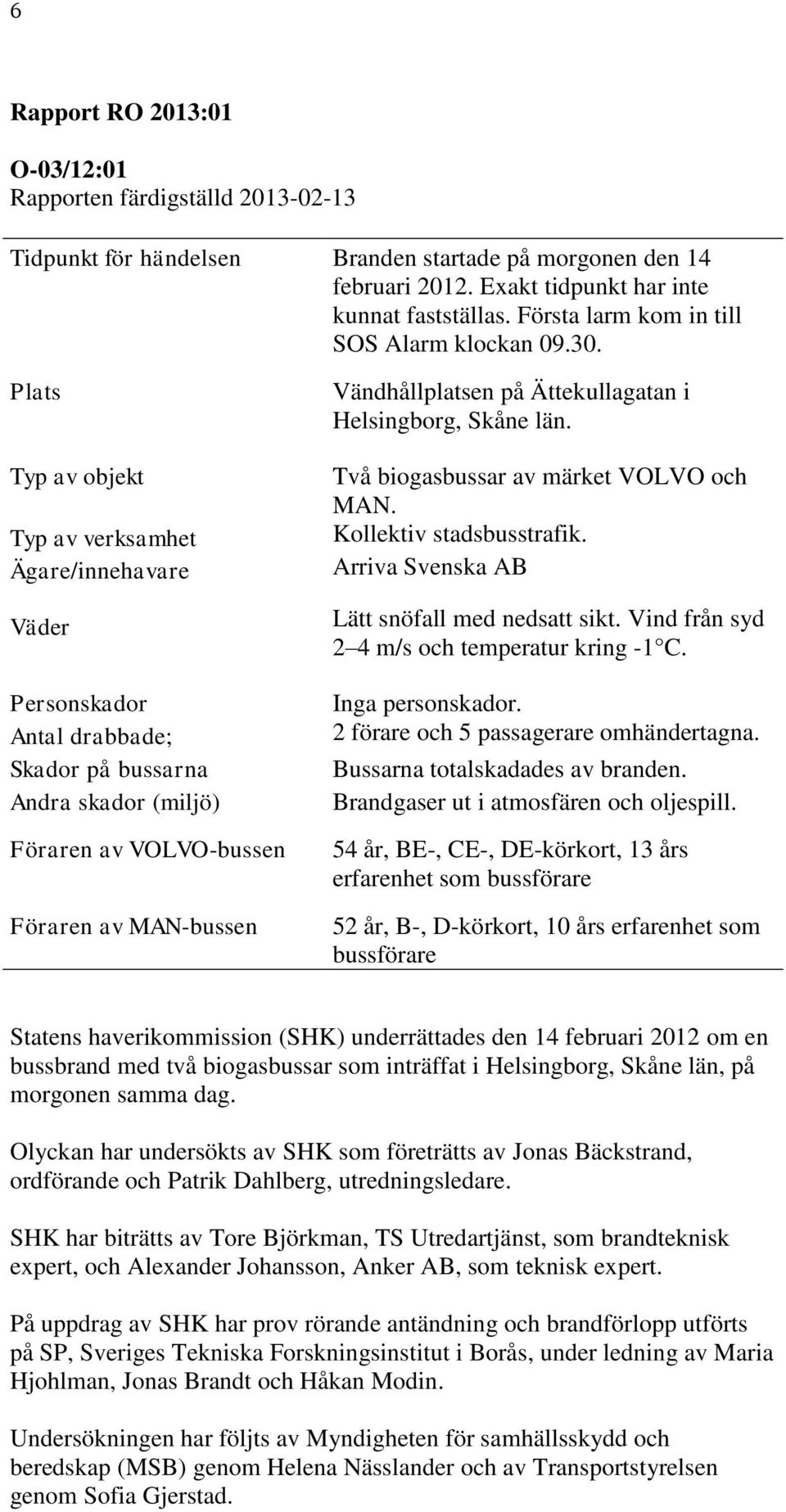 Plats Typ av objekt Typ av verksamhet Ägare/innehavare Väder Personskador Antal drabbade; Skador på bussarna Andra skador (miljö) Föraren av VOLVO-bussen Föraren av MAN-bussen Vändhållplatsen på