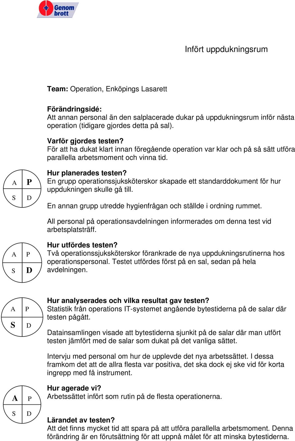 En grupp operationssjuksköterskor skapade ett standarddokument för hur uppdukningen skulle gå till. En annan grupp utredde hygienfrågan och ställde i ordning rummet.