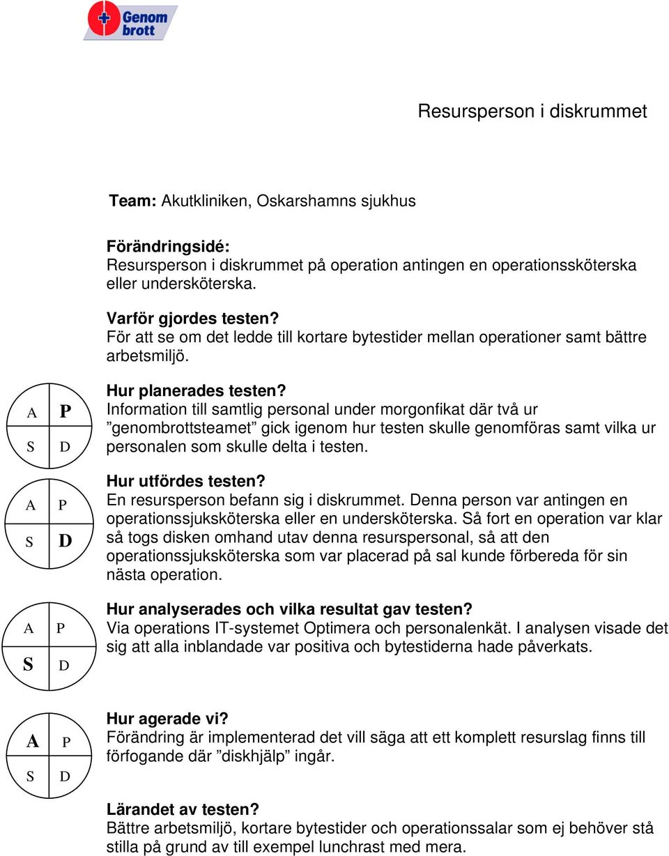Information till samtlig personal under morgonfikat där två ur genombrottsteamet gick igenom hur testen skulle genomföras samt vilka ur personalen som skulle delta i testen.