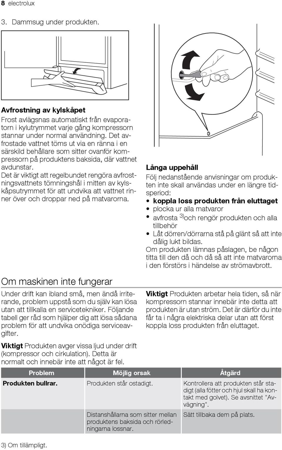 Det är viktigt att regelbundet rengöra avfrostningsvattnets tömningshål i mitten av kylskåpsutrymmet för att undvika att vattnet rinner över och droppar ned på matvarorna.