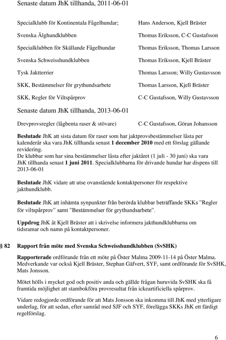 Larsson; Willy Gustavsson Thomas Larsson, Kjell Bräster C-C Gustafsson, Willy Gustavsson Senaste datum JhK tillhanda, 2013-06-01 Drevprovsregler (lågbenta raser & stövare) C-C Gustafsson, Göran