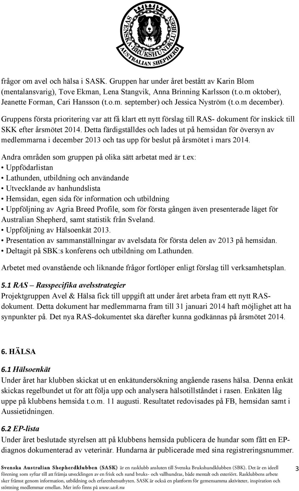 Detta färdigställdes och lades ut på hemsidan för översyn av medlemmarna i december 2013 och tas upp för beslut på årsmötet i mars 2014. Andra områden som gruppen på olika sätt arbetat med är t.