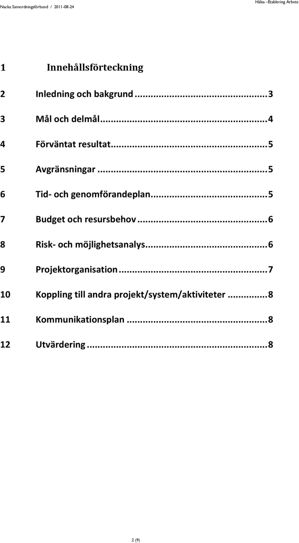 .. 5 7 Budget och resursbehov... 6 8 Risk- och möjlighetsanalys... 6 9 Projektorganisation.