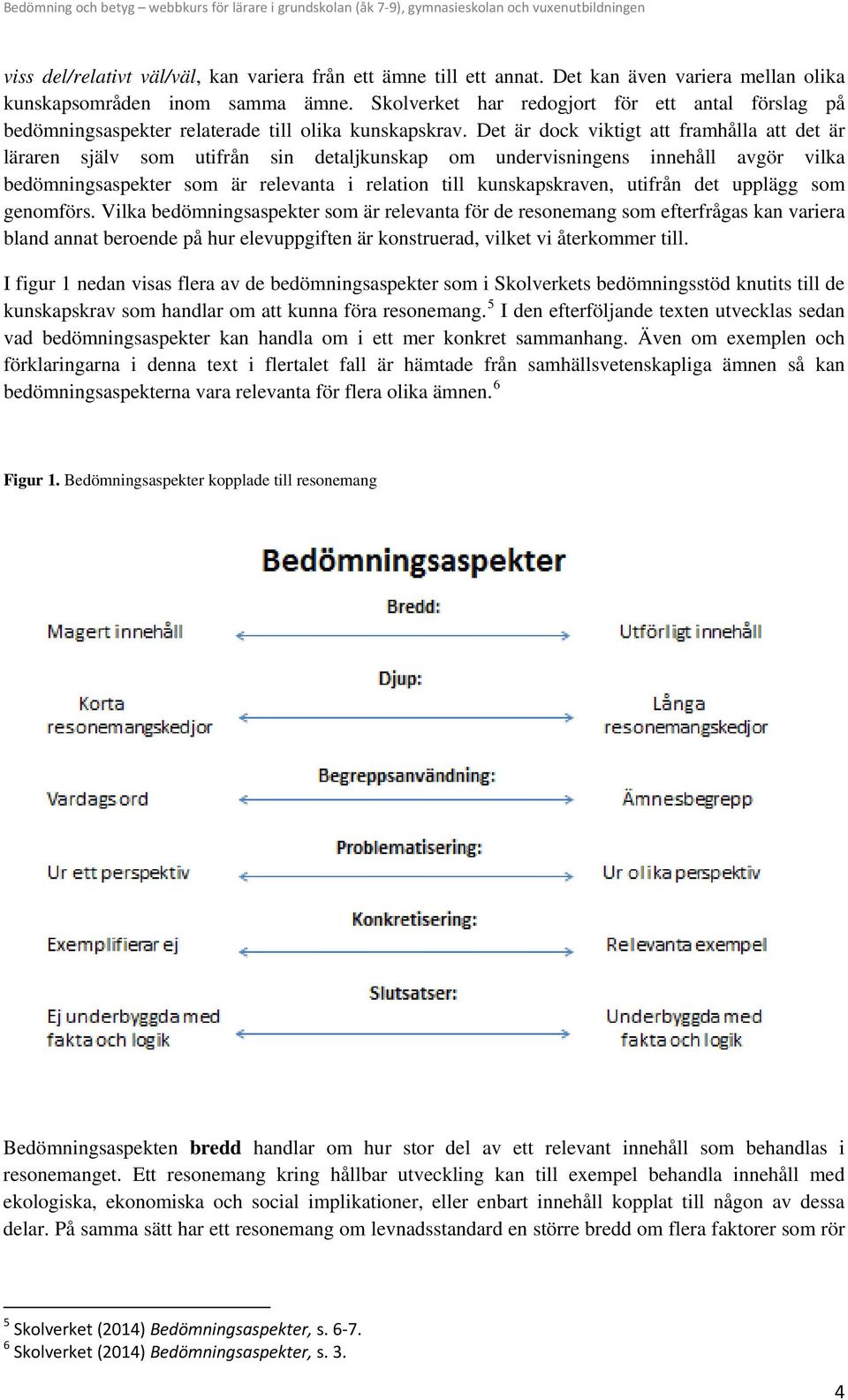 Det är dock viktigt att framhålla att det är läraren själv som utifrån sin detaljkunskap om undervisningens innehåll avgör vilka bedömningsaspekter som är relevanta i relation till kunskapskraven,