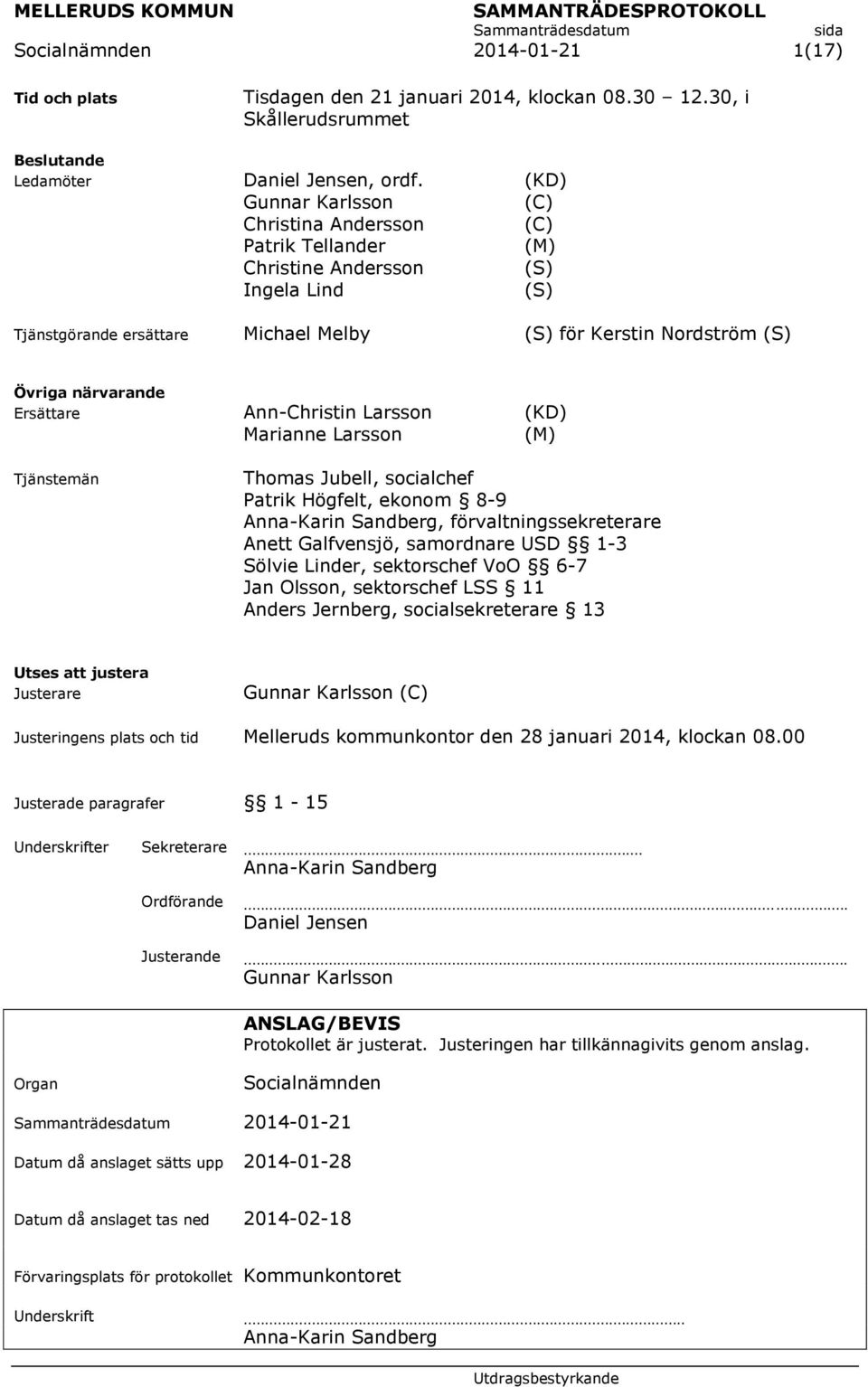 Ersättare Ann-Christin Larsson (KD) Marianne Larsson (M) Tjänstemän Thomas Jubell, socialchef Patrik Högfelt, ekonom 8-9 Anna-Karin Sandberg, förvaltningssekreterare Anett Galfvensjö, samordnare USD