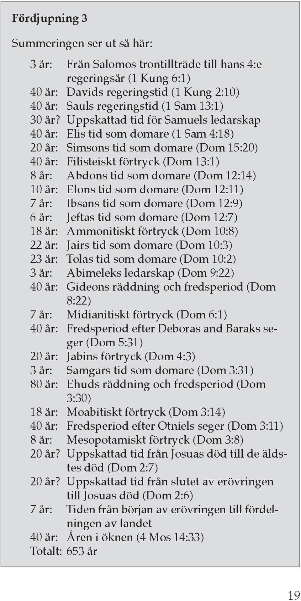 10 år: Elons tid som domare (Dom 12:11) 7 år: Ibsans tid som domare (Dom 12:9) 6 år: Jeftas tid som domare (Dom 12:7) 18 år: Ammonitiskt förtryck (Dom 10:8) 22 år: Jairs tid som domare (Dom 10:3) 23