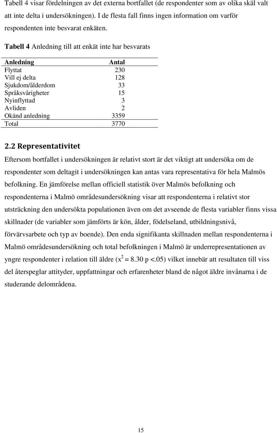 Tabell 4 Anledning till att enkät inte har besvarats Anledning Antal Flyttat 230 Vill ej delta 128 Sjukdom/ålderdom 33 Språksvårigheter 15 Nyinflyttad 3 Avliden 2 Okänd anledning 3359 Total 3770 2.