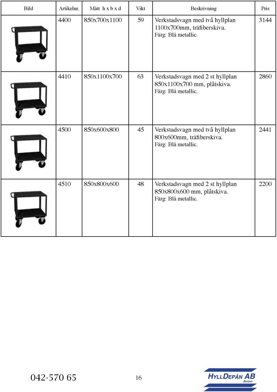 Färg: Blå metallic. 3144 4410 850x1100x700 63 Verkstadsvagn med 2 st hyllplan 850x1100x700 mm, plåtskiva.