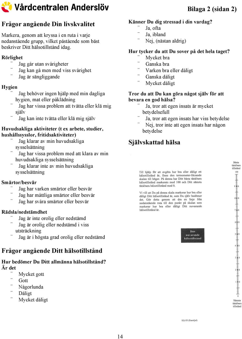 eller klä mig själv Jag kan inte tvätta eller klä mig själv Huvudsakliga aktiviteter (t ex arbete, studier, hushållssysslor, fritidsaktiviteter) Jag klarar av min huvudsakliga sysselsättning Jag har
