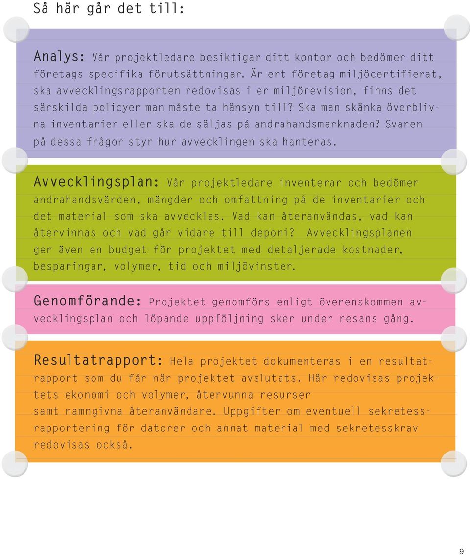 Ska man skänka överblivna inventarier eller ska de säljas på andrahandsmarknaden? Svaren på dessa frågor styr hur avvecklingen ska hanteras.