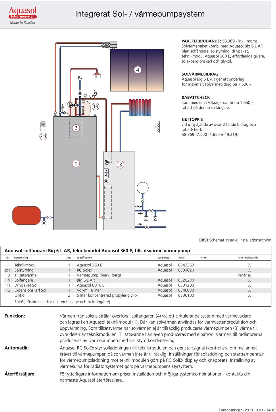 9,- RD : 5 VP a Aquasol solfångare Big 6 L AR, teknikmodul Aquasol 60 E, tillsatsvärme värmepump Teknikmodul Aquasol 60 E Aquasol 8560 X : Solstyrning RC Solex Aquasol 8580 X Tillsatsvärme Värmepump
