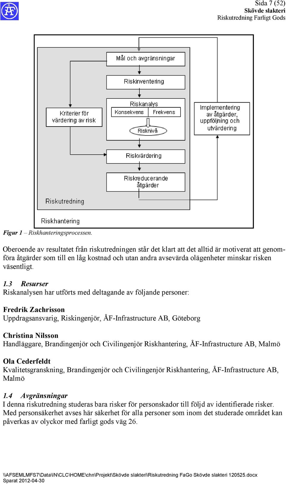1.3 Resurser Riskanalysen har utförts med deltagande av följande personer: Fredrik Zachrisson Uppdragsansvarig, Riskingenjör, ÅFInfrastructure AB, Göteborg Christina Nilsson Handläggare,