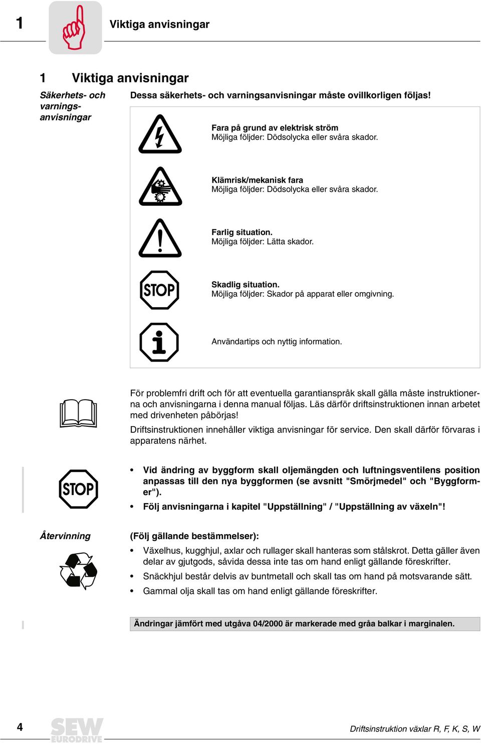 Skadlig situation. Möjliga följder: Skador på apparat eller omgivning. nvändartips och nyttig information.