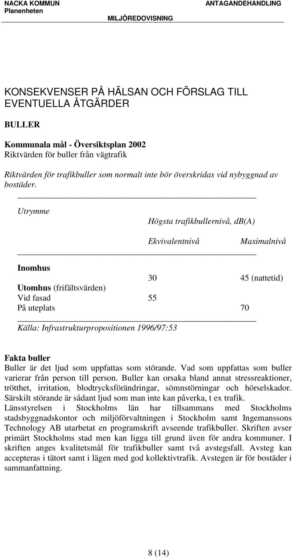 Utrymme Högsta trafikbullernivå, db(a) Ekvivalentnivå Maximalnivå Inomhus 30 45 (nattetid) Utomhus (frifältsvärden) Vid fasad 55 På uteplats 70 Källa: Infrastrukturpropositionen 1996/97:53 Fakta