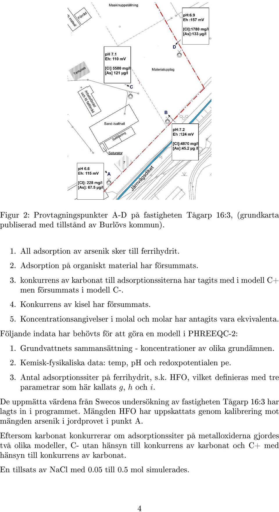 Koncentrationsangivelser i molal och molar har antagits vara ekvivalenta. Följande indata har behövts för att göra en modell i PHREEQC-2: 1.