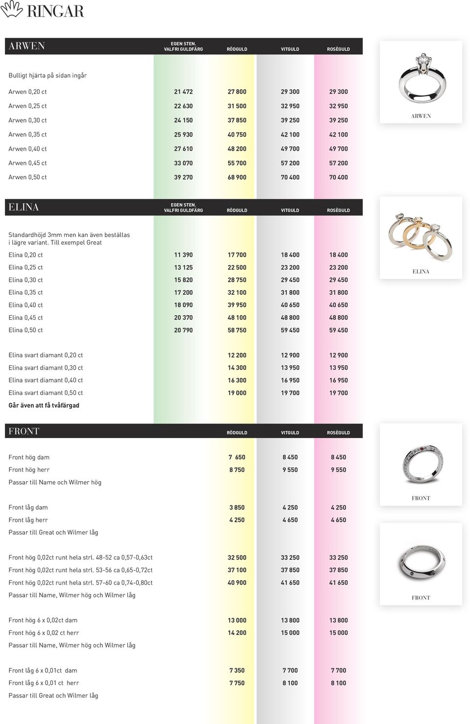 ARWEN Arwen 0,35 ct 25 930 40 750 42 100 42 100 Arwen 0,40 ct 27 610 48 200 49 700 49 700 Arwen 0,45 ct 33 070 55 700 57 200 57 200 Arwen 0,50 ct 39 270 68 900 70 400 70 400 ELINA EGEN STEN.