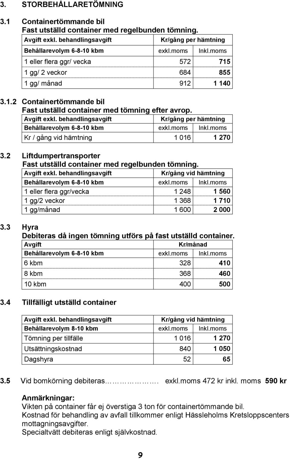 behandlingsavgift Kr/gång per hämtning Behållarevolym 6-8-10 kbm exkl.moms Inkl.moms Kr / gång vid hämtning 1 016 1 270 3.2 Liftdumpertransporter Fast utställd container med regelbunden tömning.