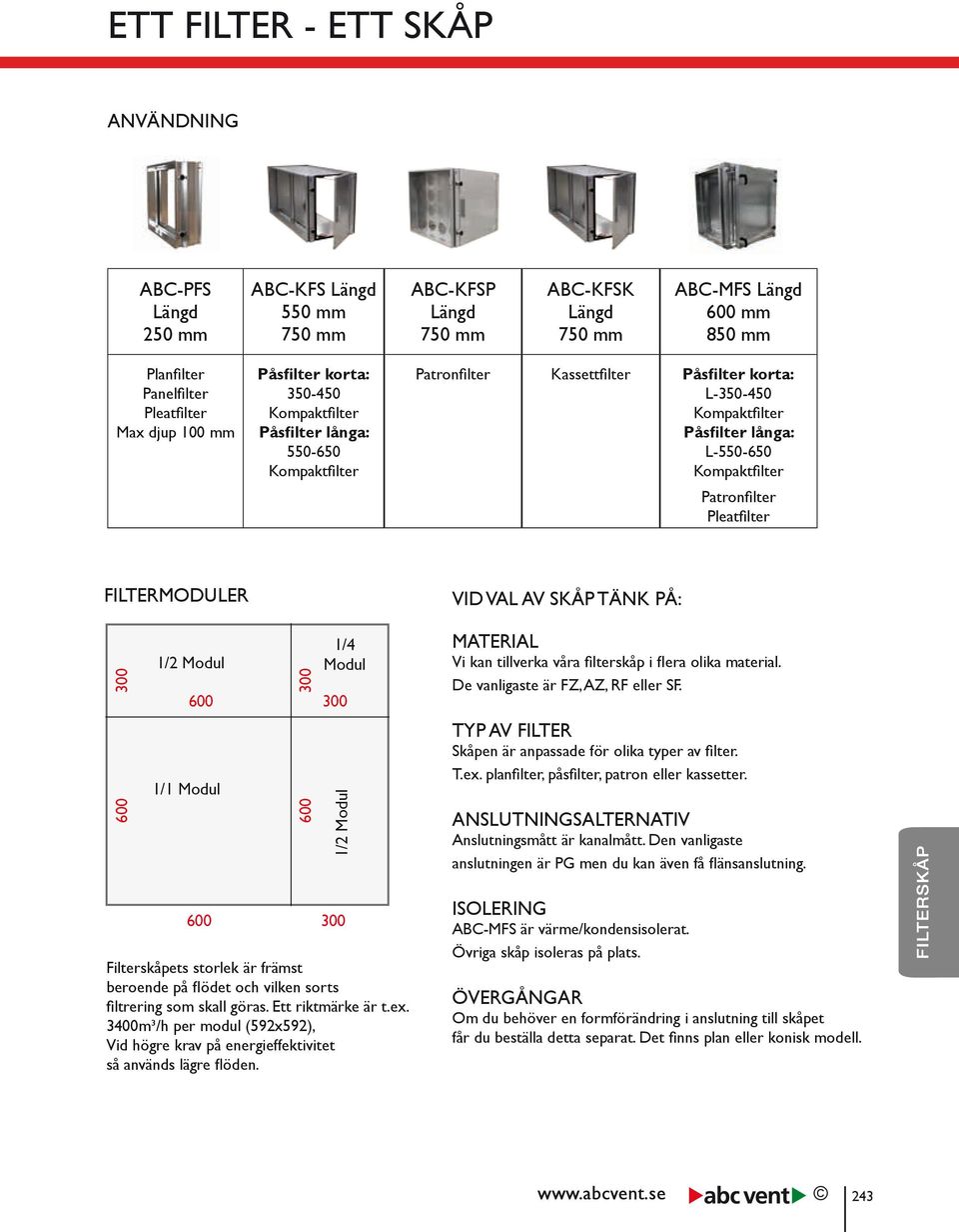 MATERIAL Vi kan tillverka våra filterskåp i flera olika material. De vanligaste är, AZ, RF eller SF. / Modul / Modul TYP AV FILTER Skåpen är anpassade för olika typer av filter. T.ex.