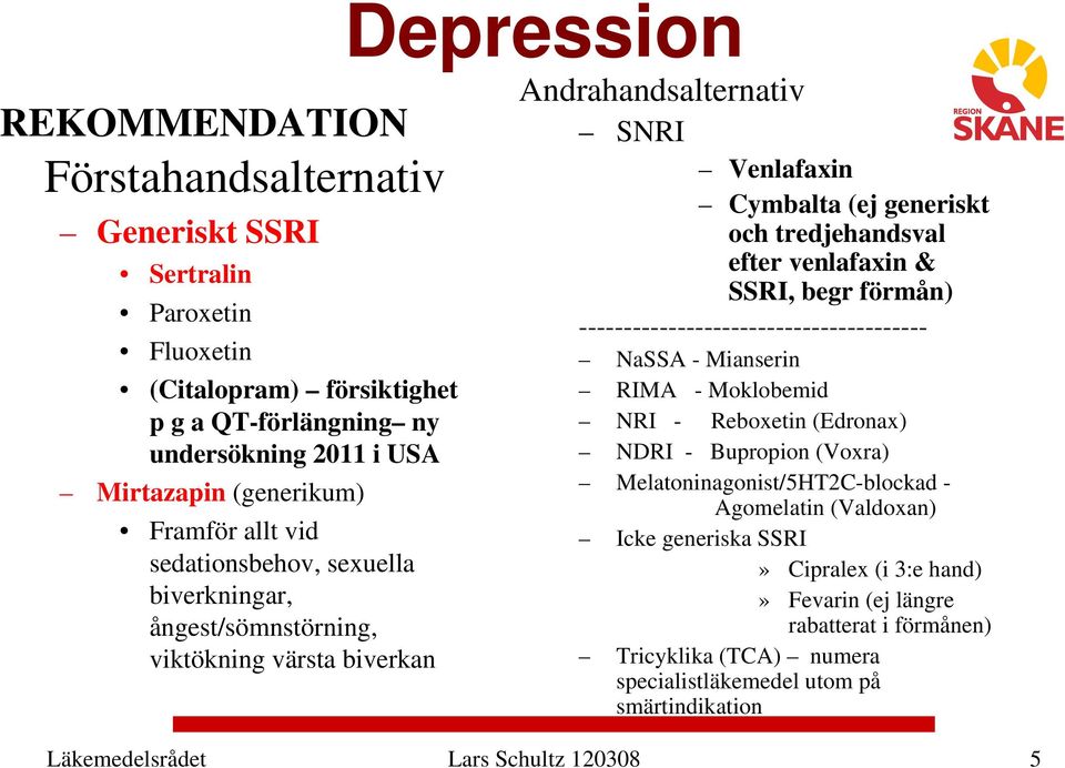 SSRI, begr förmån) --------------------------------------- NaSSA - Mianserin RIMA - Moklobemid NRI - Reboxetin (Edronax) NDRI - Bupropion (Voxra) Melatoninagonist/5HT2C-blockad - Agomelatin