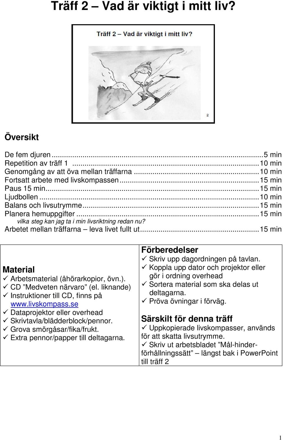 ..15 min Material Arbetsmaterial (åhörarkopior, övn.). CD Medveten närvaro (el. liknande) Instruktioner till CD, finns på www.livskompass.