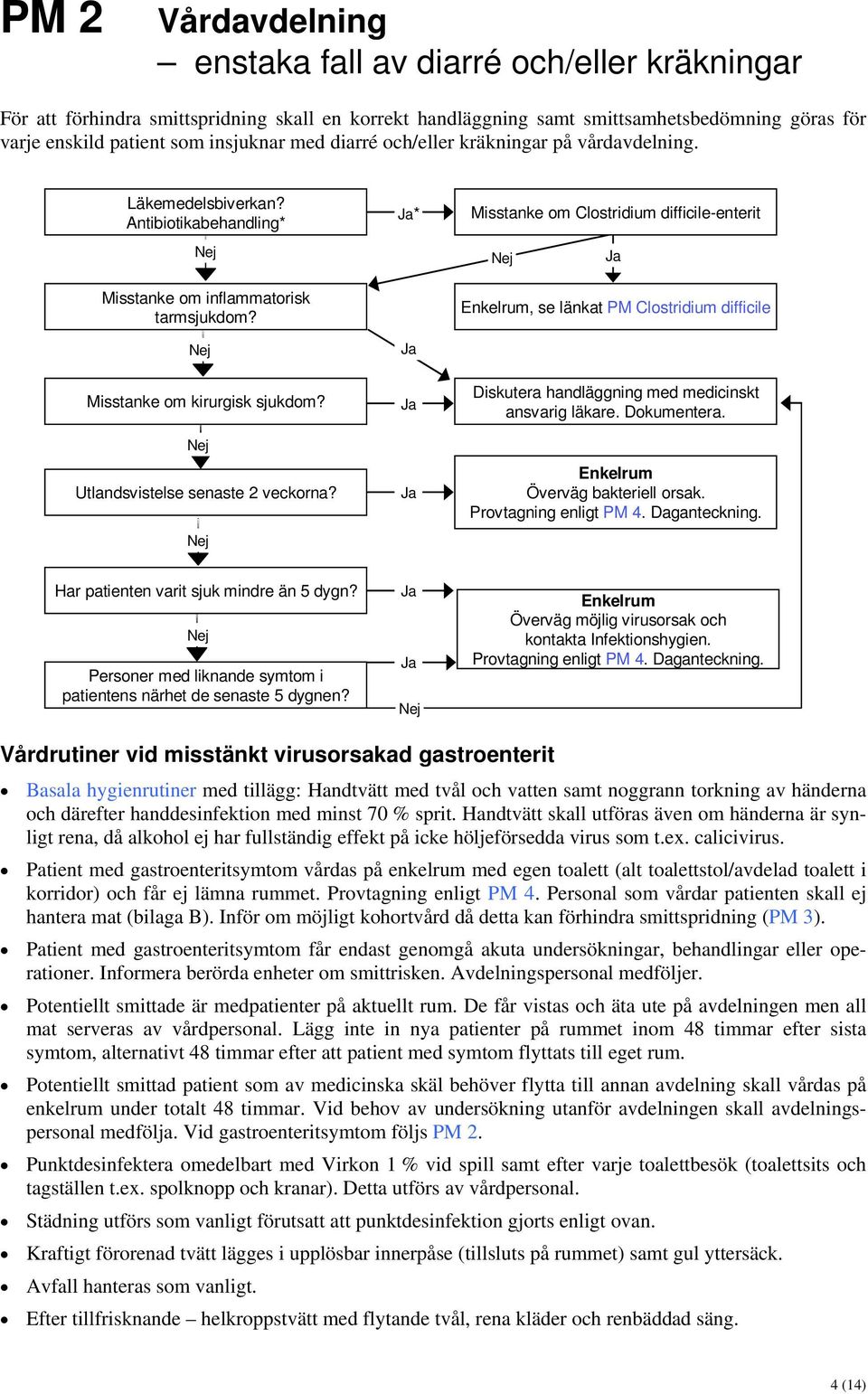 Enkelrum, se länkat PM Clostridium difficile Misstanke om kirurgisk sjukdom? Utlandsvistelse senaste 2 veckorna? Diskutera handläggning med medicinskt ansvarig läkare. Dokumentera.