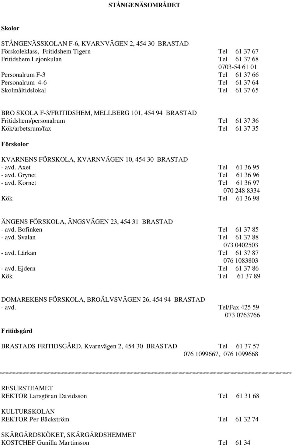 FÖRSKOLA, KVARNVÄGEN 10, 454 30 BRASTAD - avd. Axet Tel 61 36 95 - avd. Grynet Tel 61 36 96 - avd.