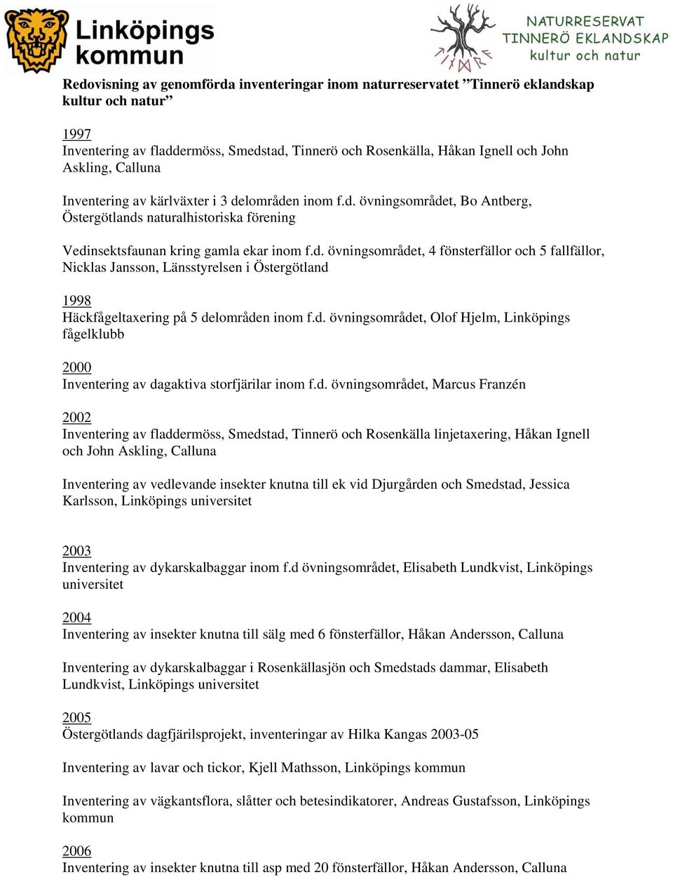 d. övningsområdet, Olof Hjelm, Linköpings fågelklubb 2000 Inventering av dagaktiva storfjärilar inom f.d. övningsområdet, Marcus Franzén 2002 Inventering av fladdermöss, Smedstad, Tinnerö och