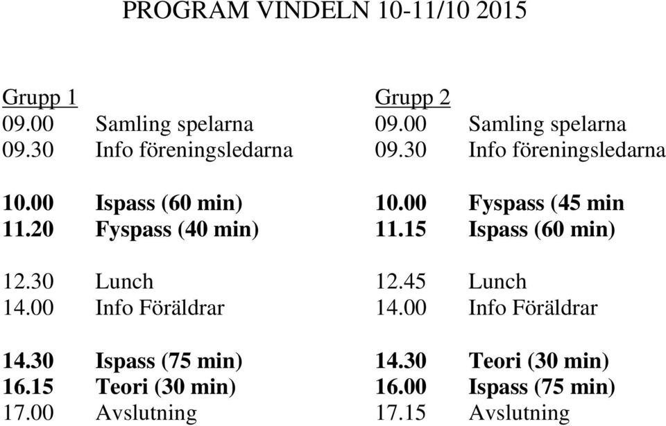 15 Ispass (60 min) 12.30 Lunch 12.45 Lunch 14.00 Info Föräldrar 14.00 Info Föräldrar 14.30 Ispass (75 min) 14.