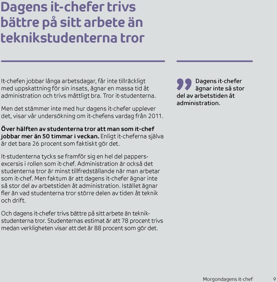 Dagens it-chefer ägnar inte så stor del av arbetstiden åt administration. Över hälften av studenterna tror att man som it-chef jobbar mer än 50 timmar i veckan.