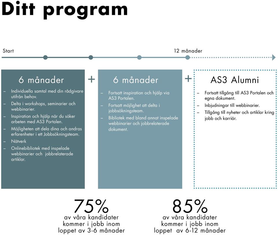 Onlinebibliotek med inspelade webbinarier och jobbrelaterade artiklar. + + Fortsatt inspiration och hjälp via AS3 Portalen. Fortsatt möjlighet att delta i jobbsökningsteam.