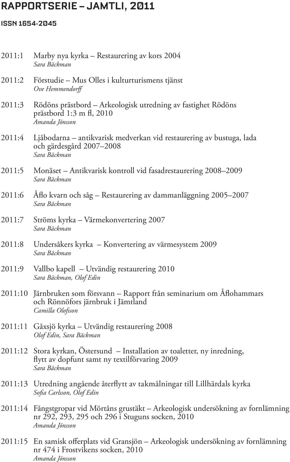 kontroll vid fasadrestaurering 2008 2009 2011:6 Åflo kvarn och såg Restaurering av dammanläggning 2005 2007 2011:7 Ströms kyrka Värmekonvertering 2007 2011:8 Undersåkers kyrka Konvertering av