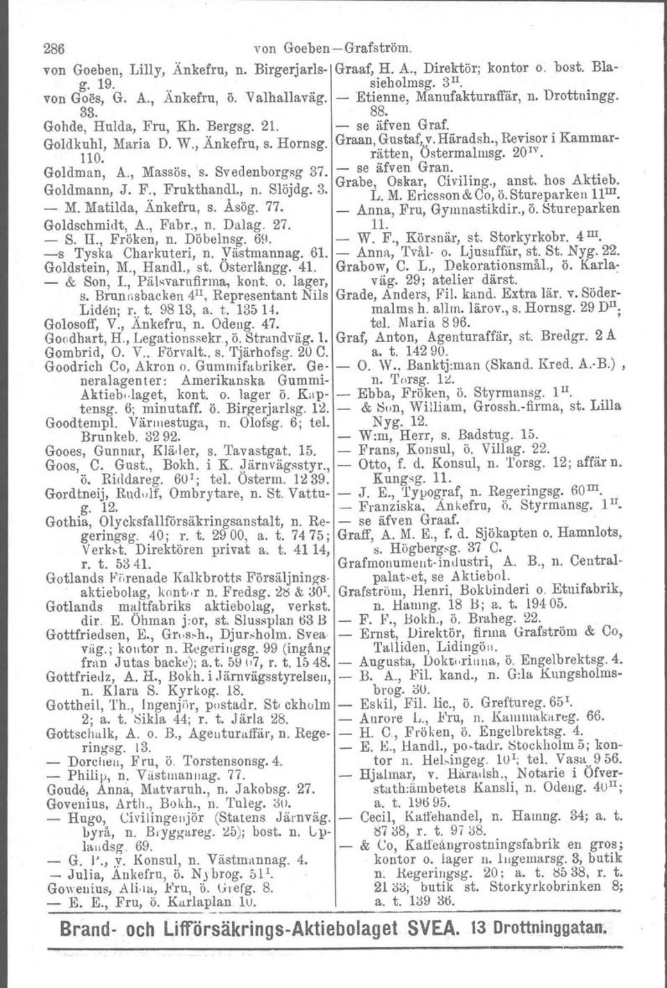 , Revisor i Kammarrätten, Ostermalmsg. 20 1v Goldman, A., Massös, s. Svedenborgsg 37. - se äfven Gran.. Goldmann, J. F., Frukthandl., n. Slöjdg. 3. Grabe, Oskar! Civiling.,.. anst. hos Aktl~.."... L.