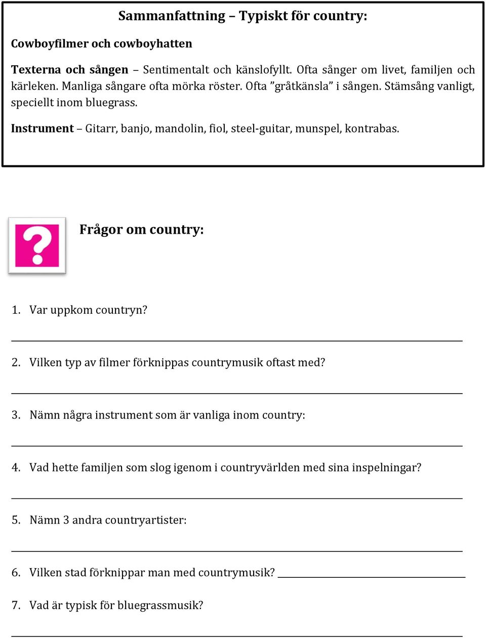 Instrument Gitarr, banjo, mandolin, fiol, steel-guitar, munspel, kontrabas. Frågor om country: 1. Var uppkom countryn? 2.