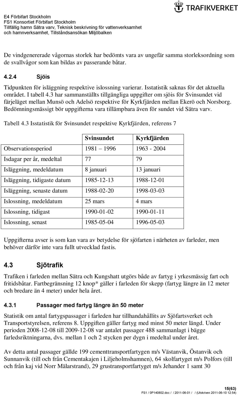 3 har sammanställts tillgängliga uppgifter om sjöis för Svinsundet vid färjeläget mellan Munsö och Adelsö respektive för Kyrkfjärden mellan Ekerö och Norsborg.