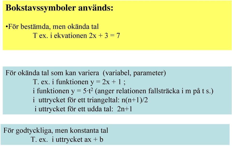 i funktionen y = 2x + 1 ; i funktionen y = 5 t 2 (anger relationen fallsträcka i m på t s.